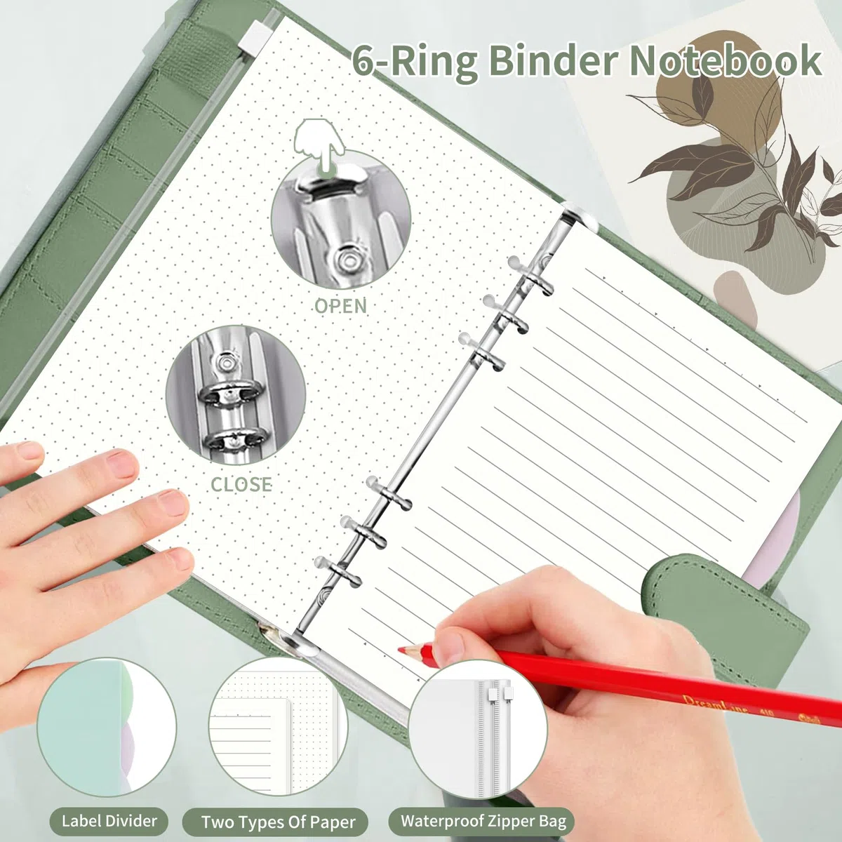 Raccoglitore A5 Anelli Ricaricabile con 135 Fogli, Binder A5 6 Anelli in Pelle Sintetica, Quaderno, Diario e Planner per Lavoro, Scuola e Viaggi-Verde
