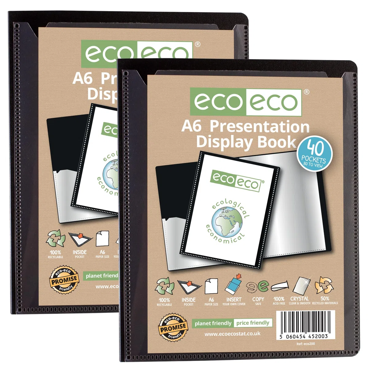 eco-eco Eco200x2 - Raccoglitore per presentazioni, formato A6, 50% riciclato, 40 tasche, con buste in plastica, colore: nero