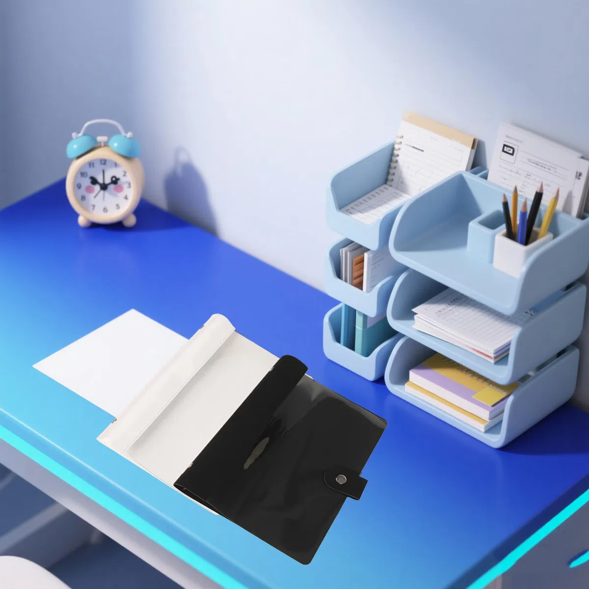 Raccoglitore ad anelli, formato A5, 2 pezzi, formato A5, in PVC, trasparente, 6 anelli, con chiusura a bottone per ufficio, scuola e viaggi (blu + blu scuro)