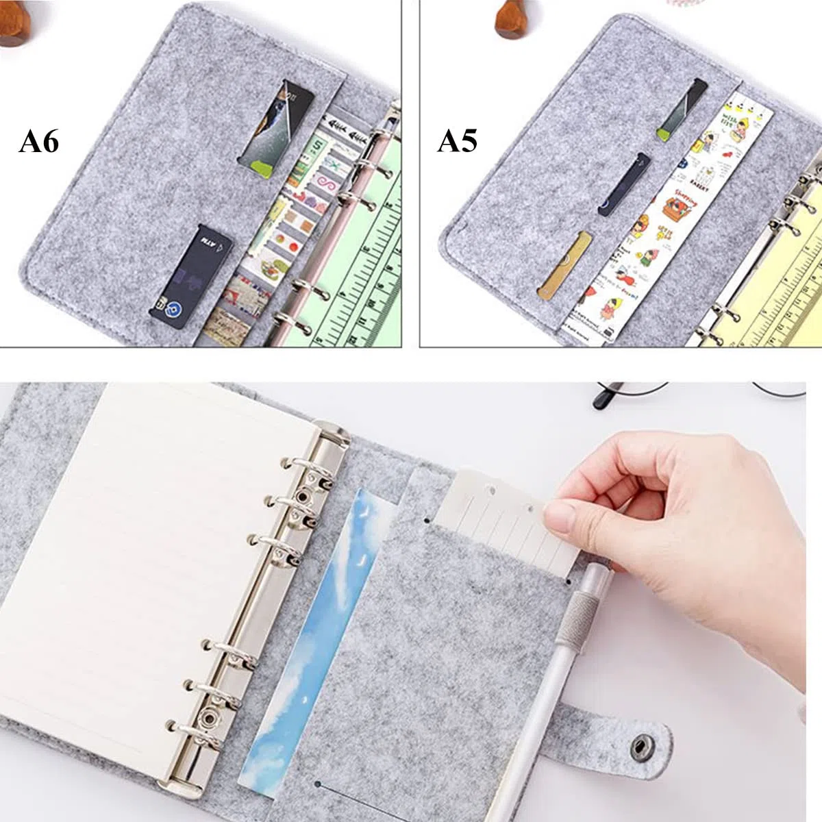 Raccoglitore ad anelli in feltro A5 A6 ricaricabile, raccoglitore A6 A5 con 90 fogli di carta a righe, raccoglitore ad anelli, diario, planner, calendario, organizer per lavoro, scuola, ricette