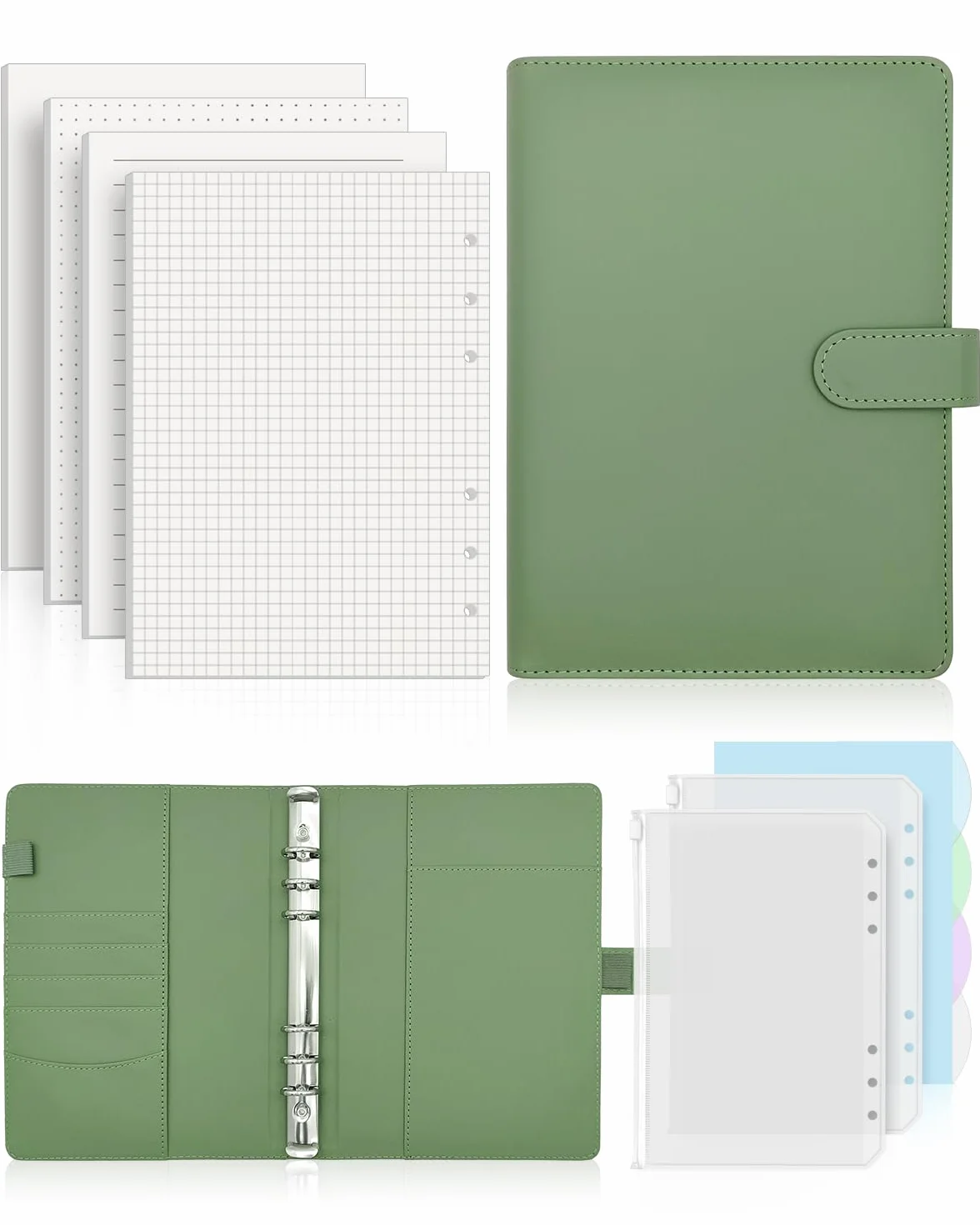 Taccuino A5, ricaricabile, 140 fogli, 4 stili, carta di ricarica A5, rilegatura con tasche per appunti scolastici, diari di viaggio