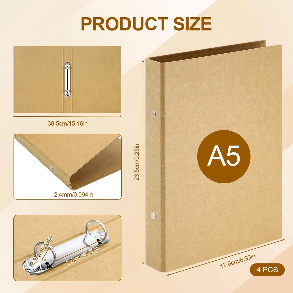 JIANTA 4 Pezzi Raccoglitore ad Anelli Kraft A5 con Etichetta Autoadesiva, Cartellina Ricaricabile in Carta Kraft A5 con 2 Anelli per Diario di Viaggio, Taccuino da Lavoro, Forniture per Ufficio