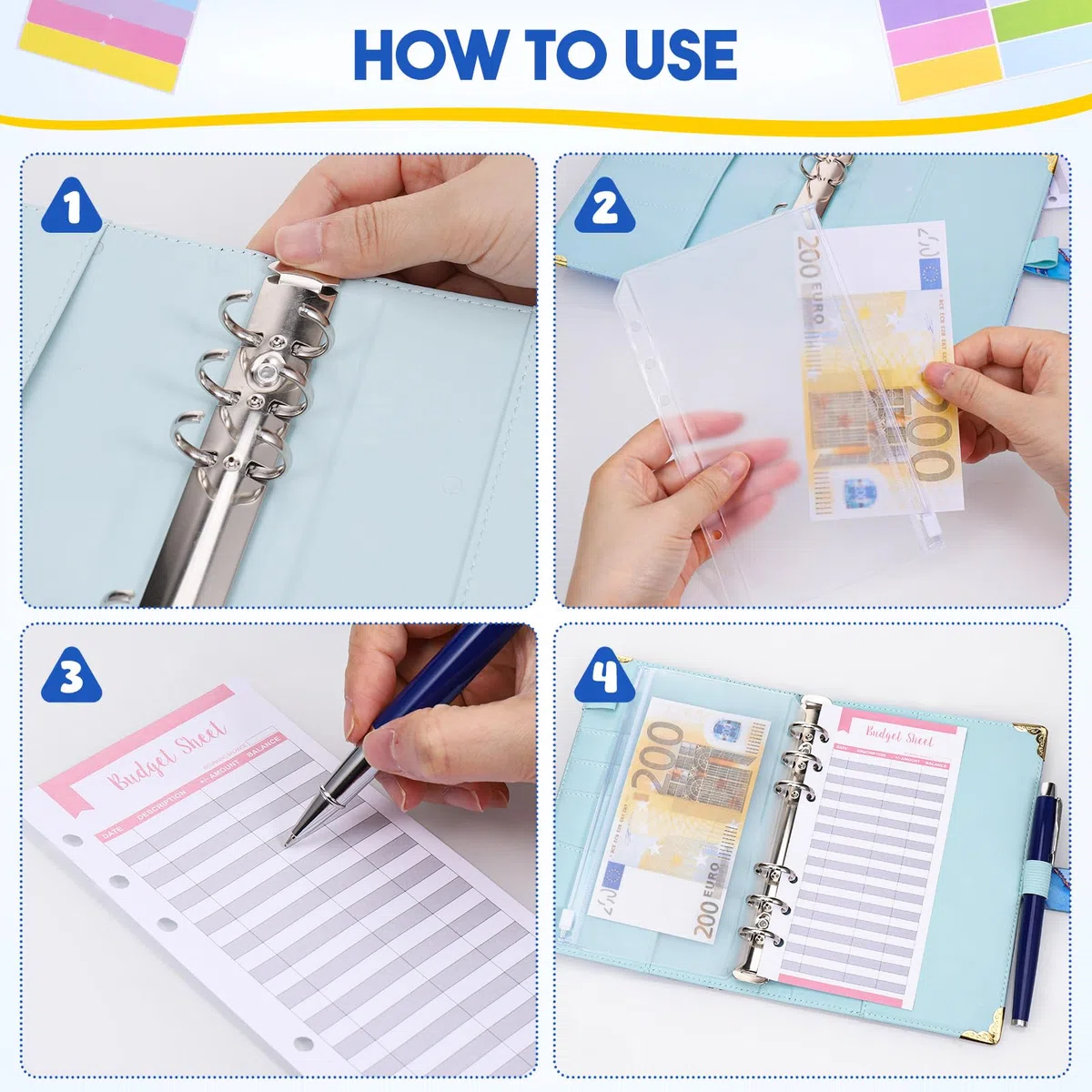 JIANTA A6 Money Binder, Libretto Risparmio Soldi con Serratura a Combinazione, Budget Binder Planner Include Fogli di Budget, Tasche per Documenti, Adesivi, Righelli e Penna, Blu