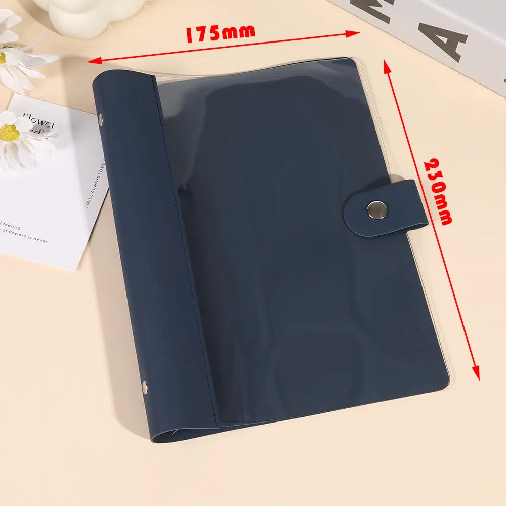 Raccoglitore ad anelli, formato A5, 2 pezzi, formato A5, in PVC, trasparente, 6 anelli, con chiusura a bottone per ufficio, scuola e viaggi (blu + blu scuro)