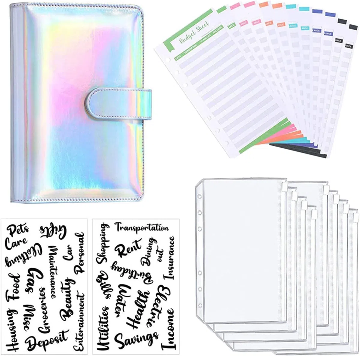 A6 Binder Budget - Taccuino per la gestione finanziaria, con 8 tasche per rilegatura, 12 fogli di budget, 2 adesivi per la categoria di budget e risparmio (laser argento)