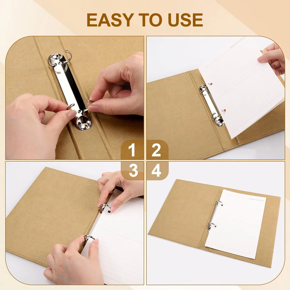 JIANTA 4 Pezzi Raccoglitore ad Anelli Kraft A5 con Etichetta Autoadesiva, Cartellina Ricaricabile in Carta Kraft A5 con 2 Anelli per Diario di Viaggio, Taccuino da Lavoro, Forniture per Ufficio