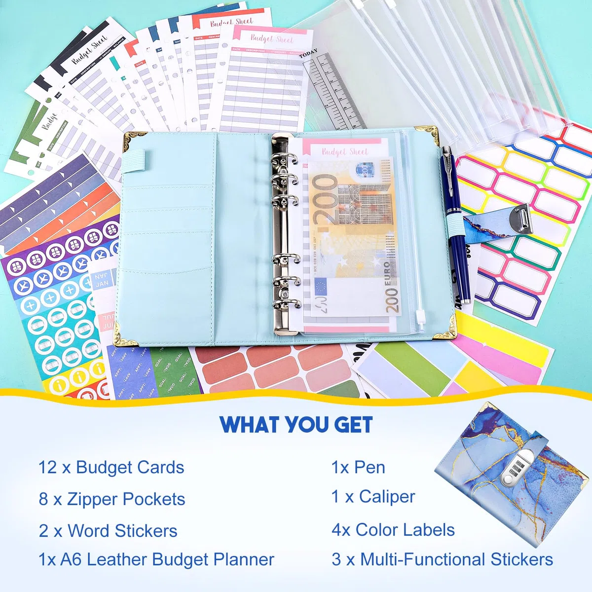 JIANTA A6 Money Binder, Libretto Risparmio Soldi con Serratura a Combinazione, Budget Binder Planner Include Fogli di Budget, Tasche per Documenti, Adesivi, Righelli e Penna, Blu