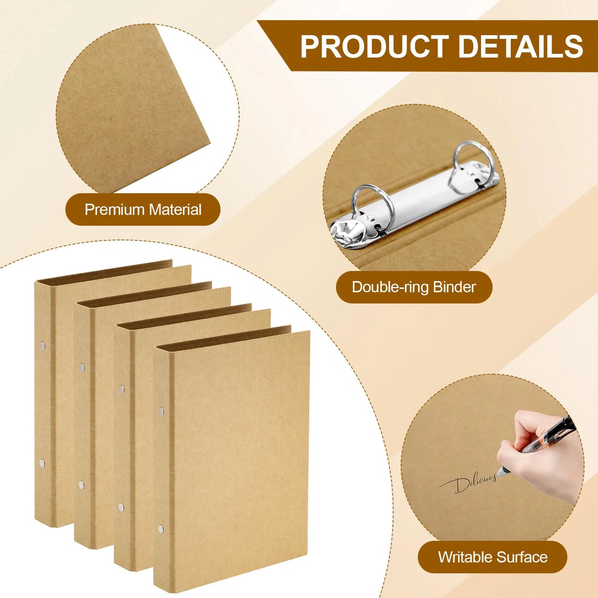 JIANTA 4 Pezzi Raccoglitore ad Anelli Kraft A5 con Etichetta Autoadesiva, Cartellina Ricaricabile in Carta Kraft A5 con 2 Anelli per Diario di Viaggio, Taccuino da Lavoro, Forniture per Ufficio