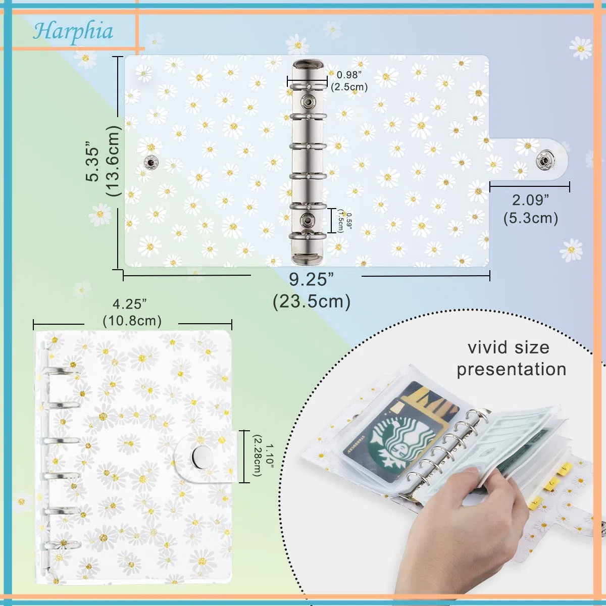 Raccoglitore A7 5,39 x 4,33 pollici Agenda giornaliera, taccuino Daisy Binder, con tasche x8, righello in PVC x1, ricarica contabilità x45, penna x1, etichetta adesiva x2, Harphia 139NA7