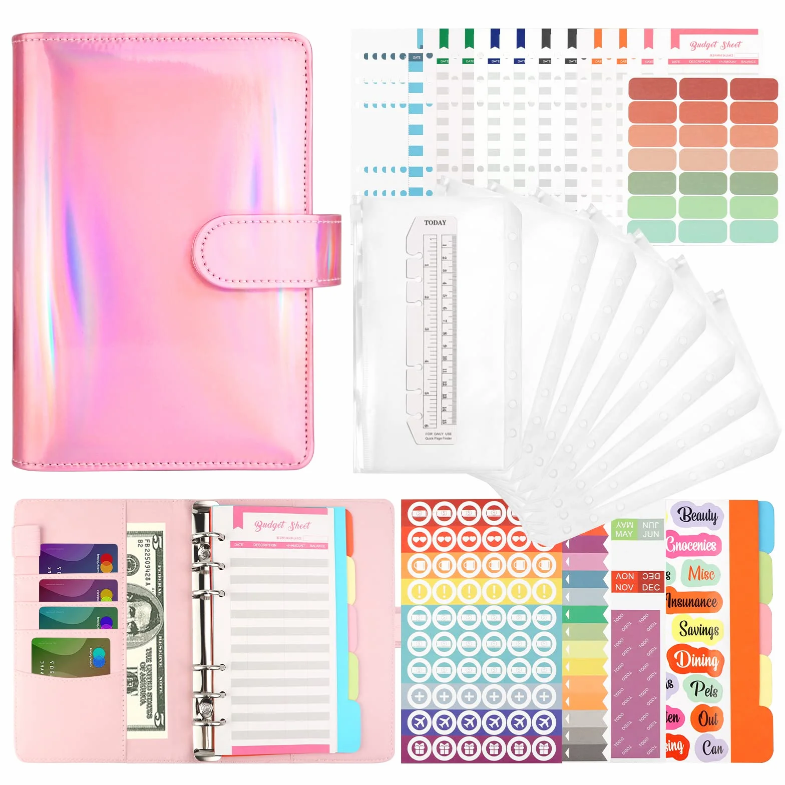 Raccoglitore ad 6 Anelli, Budget Binder con 40Pezzi, per Bilancio e 8 Buste Trasparenti Rimovibile, Laser in Pelle PU A6 per pianificatore finanziario 84PCS (Rosa）