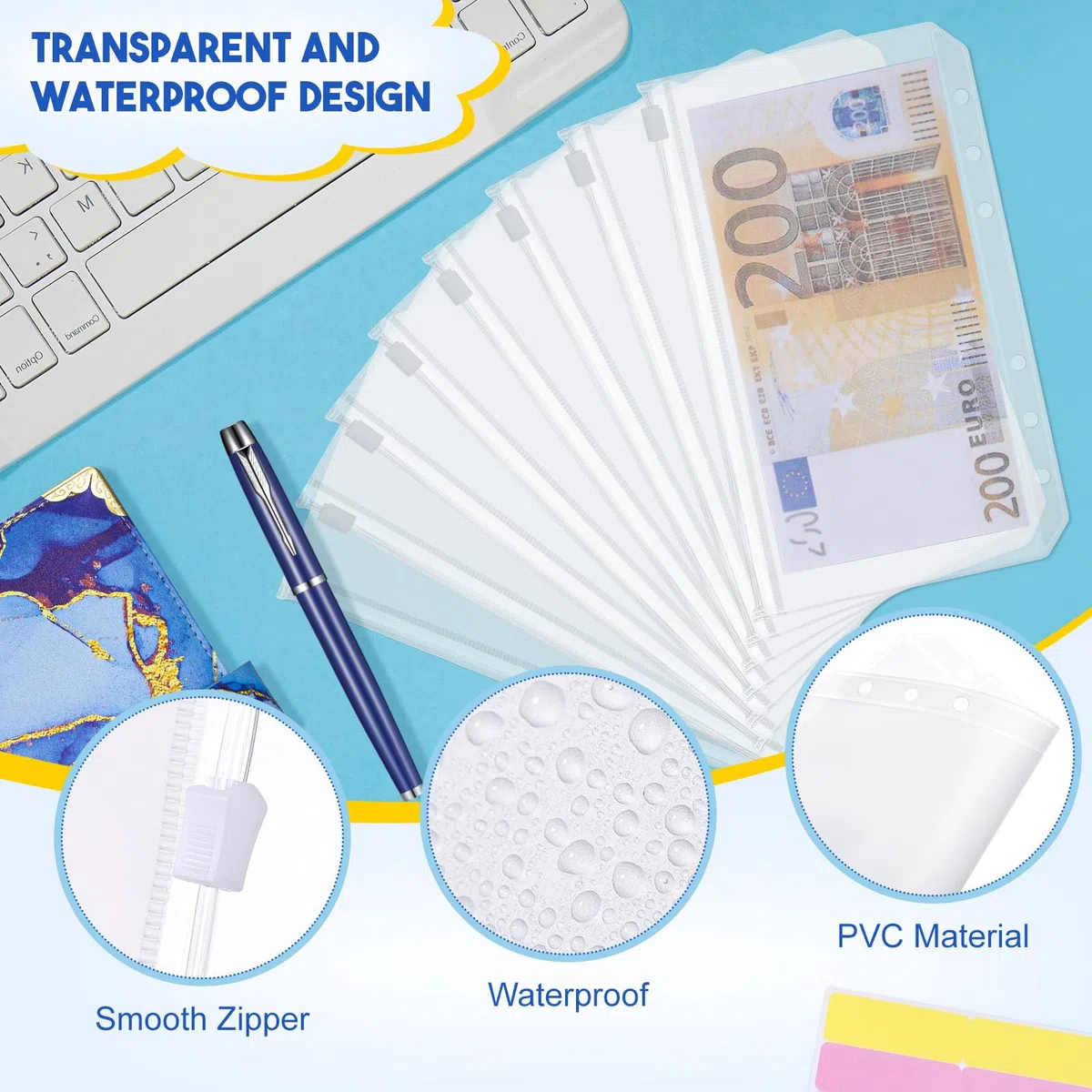 JIANTA A6 Money Binder, Libretto Risparmio Soldi con Serratura a Combinazione, Budget Binder Planner Include Fogli di Budget, Tasche per Documenti, Adesivi, Righelli e Penna, Blu