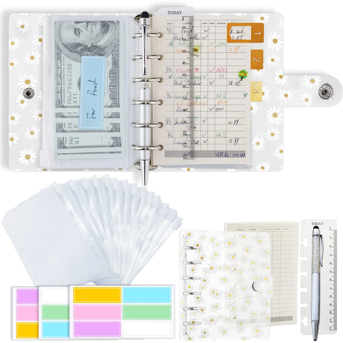 Raccoglitore A7 5,39 x 4,33 pollici Agenda giornaliera, taccuino Daisy Binder, con tasche x8, righello in PVC x1, ricarica contabilità x45, penna x1, etichetta adesiva x2, Harphia 139NA7