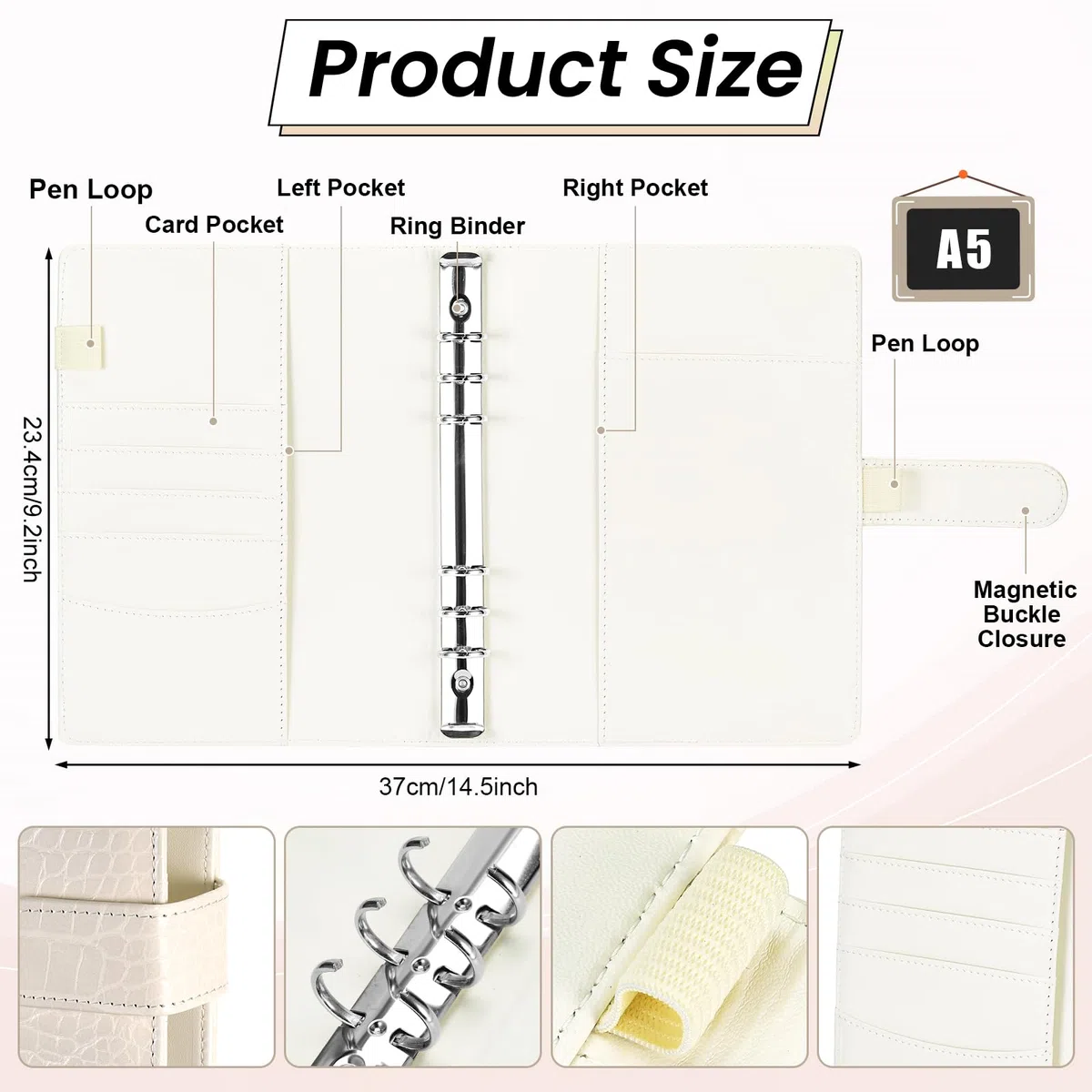 JIANTA A5 Raccoglitore ad 6 Anelli, Copertina per Raccoglitore a 6 Anelli in Pelle PU Ricaricabile per Carta di Riempimento A5, Texture Coccodrillo (Bianco, Carta Interna Non Inclusa)