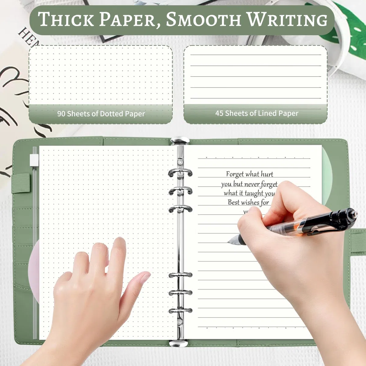 Raccoglitore A5 Anelli Ricaricabile con 135 Fogli, Binder A5 6 Anelli in Pelle Sintetica, Quaderno, Diario e Planner per Lavoro, Scuola e Viaggi-Verde