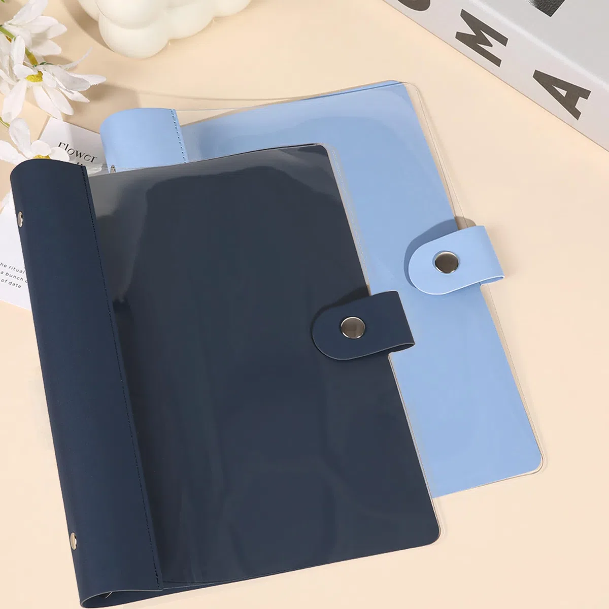 Raccoglitore ad anelli, formato A5, 2 pezzi, formato A5, in PVC, trasparente, 6 anelli, con chiusura a bottone per ufficio, scuola e viaggi (blu + blu scuro)