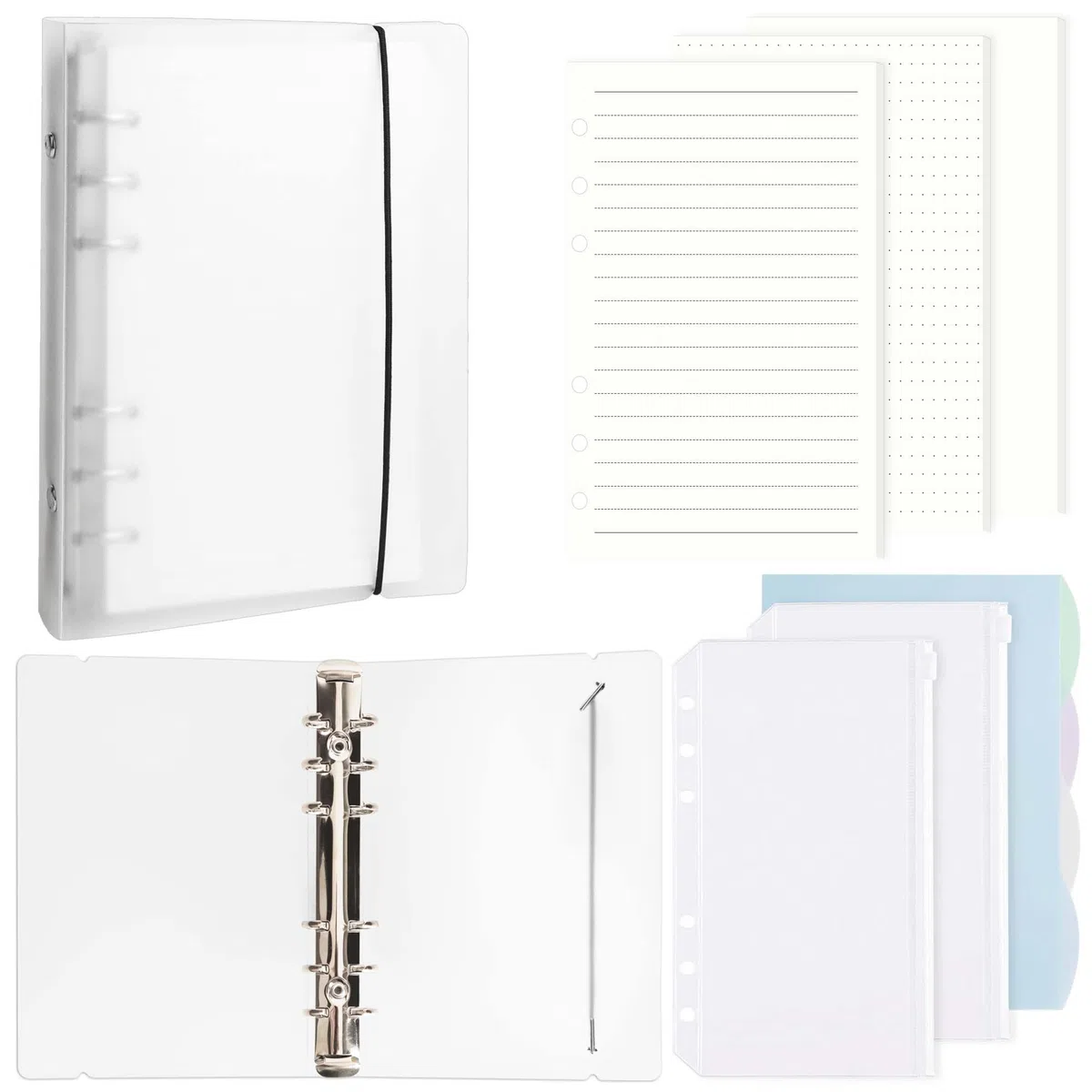DesertBoy Raccoglitore ad Anelli A6, 1 Pezzi Raccoglitore A6 con 135 Fogli Ricarica di Carta, 2 Pezzi Tasche Raccoglitore e 4 Pezzi Divisori per Raccoglitori,Raccoglitore Anelli per Diario e Appunti