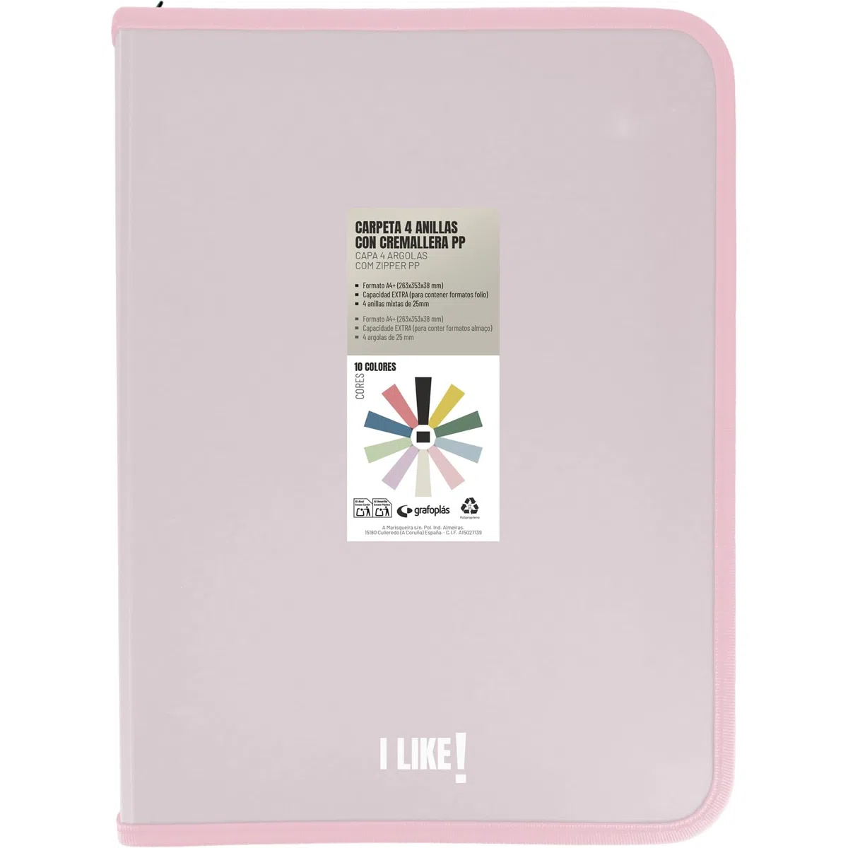 Grafoplas - Cartella anelli a4 con cerniere A4+, rosa soffice, 4 anelli da 25 mm, con compressore in plastica, collezione cancelleria like, materiale polipropilene, perfetto materiale scolastico