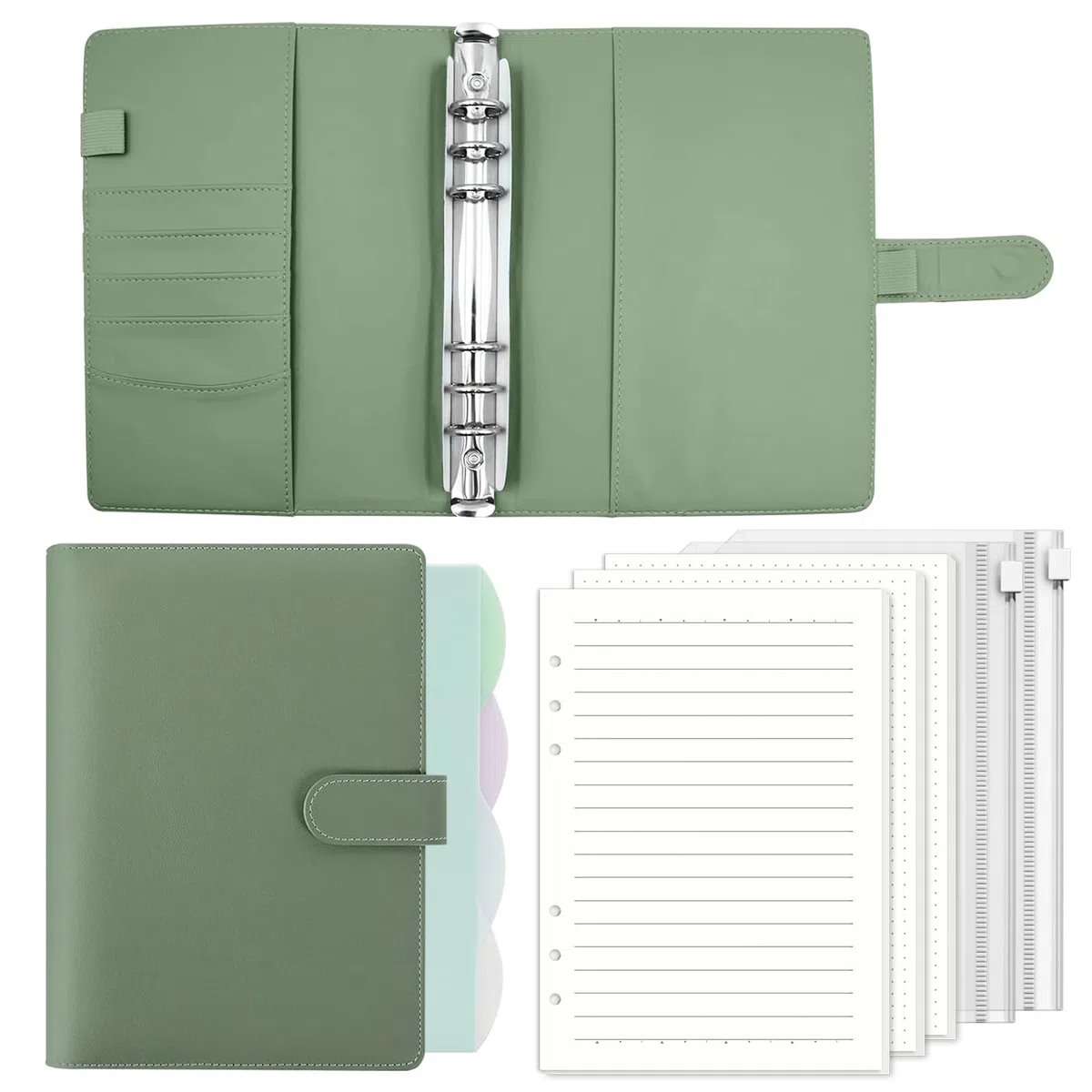 Raccoglitore A5 Anelli Ricaricabile con 135 Fogli, Binder A5 6 Anelli in Pelle Sintetica, Quaderno, Diario e Planner per Lavoro, Scuola e Viaggi-Verde