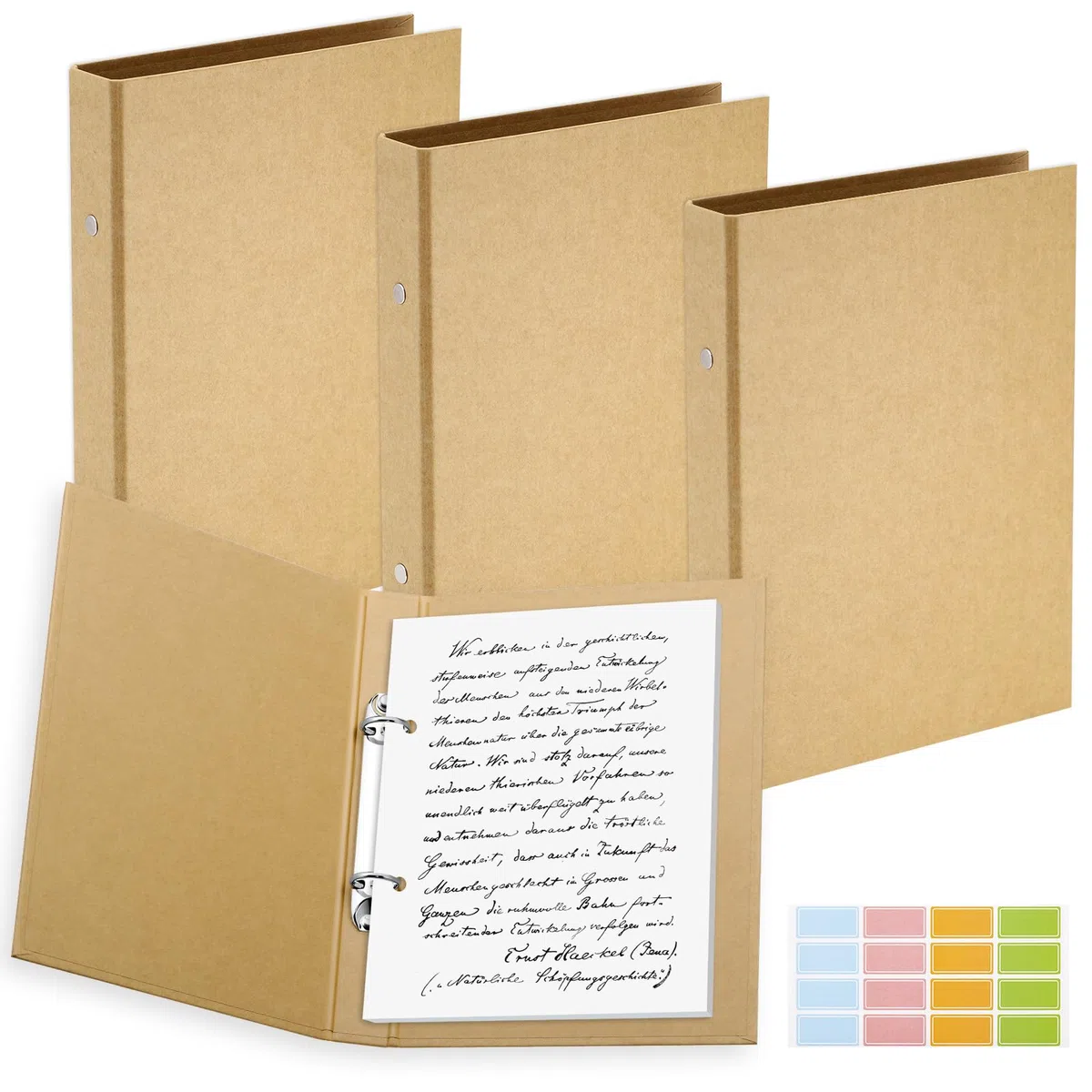 JIANTA 4 Pezzi Raccoglitore ad Anelli Kraft A5 con Etichetta Autoadesiva, Cartellina Ricaricabile in Carta Kraft A5 con 2 Anelli per Diario di Viaggio, Taccuino da Lavoro, Forniture per Ufficio