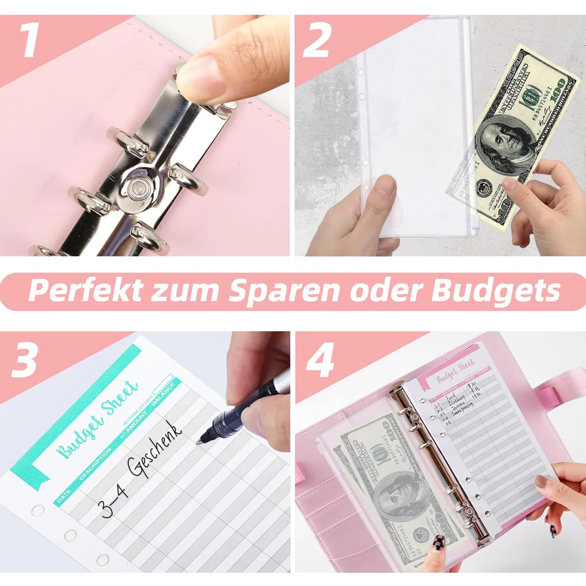 A6 Binder Budget - Taccuino per la gestione finanziaria, con 8 tasche per rilegatura, 12 fogli di budget, 2 adesivi per la categoria di budget e risparmio (laser argento)