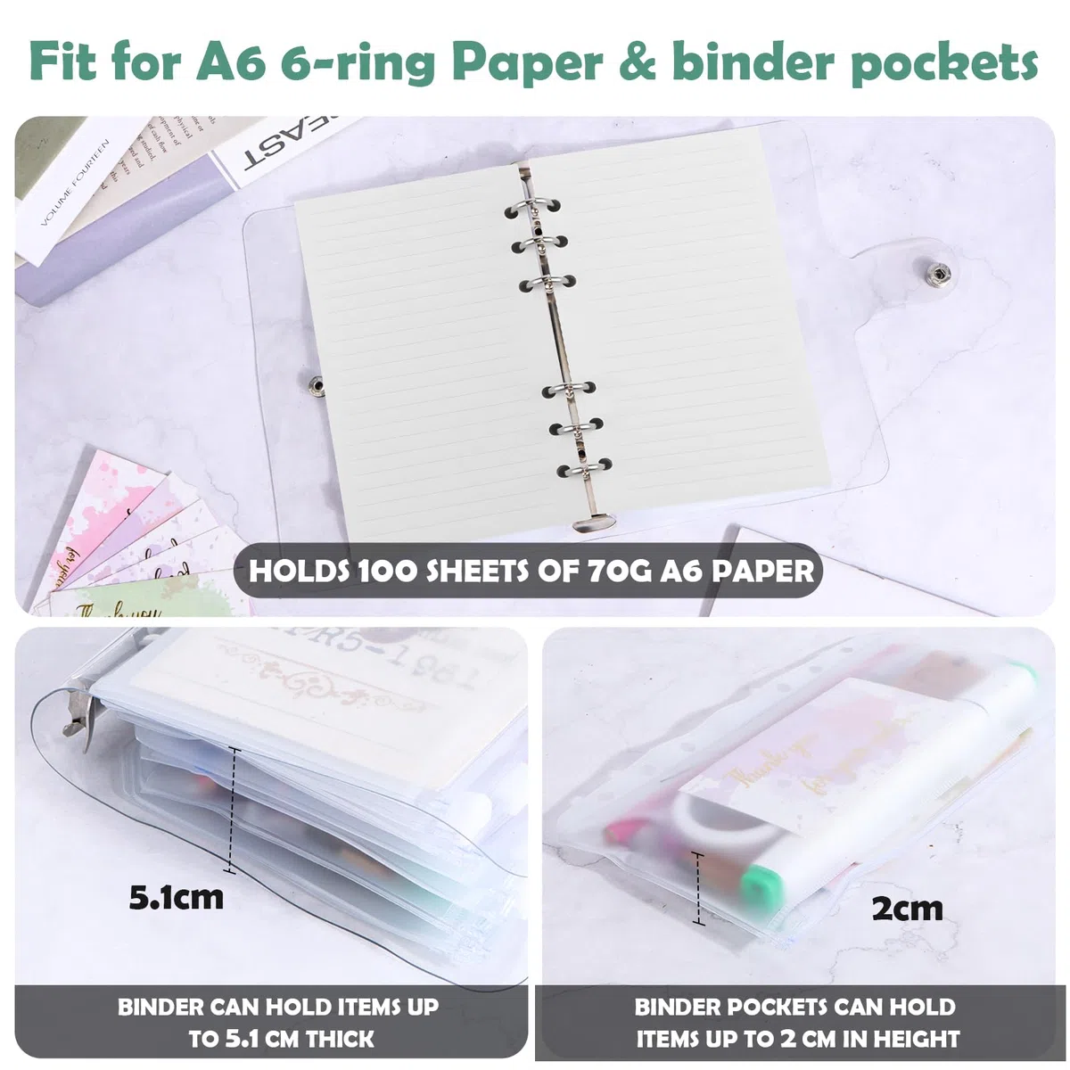 2 Pezzi A6 Raccoglitore Ad Anelli 6 Fori, con 24 Tasca Organizer e Etichette, Morbido e Trasparente in PVC, Capacità 100 Fogli, Binder Ricaricabile e Impermeabile, per Organizzare Scuola e Ufficio