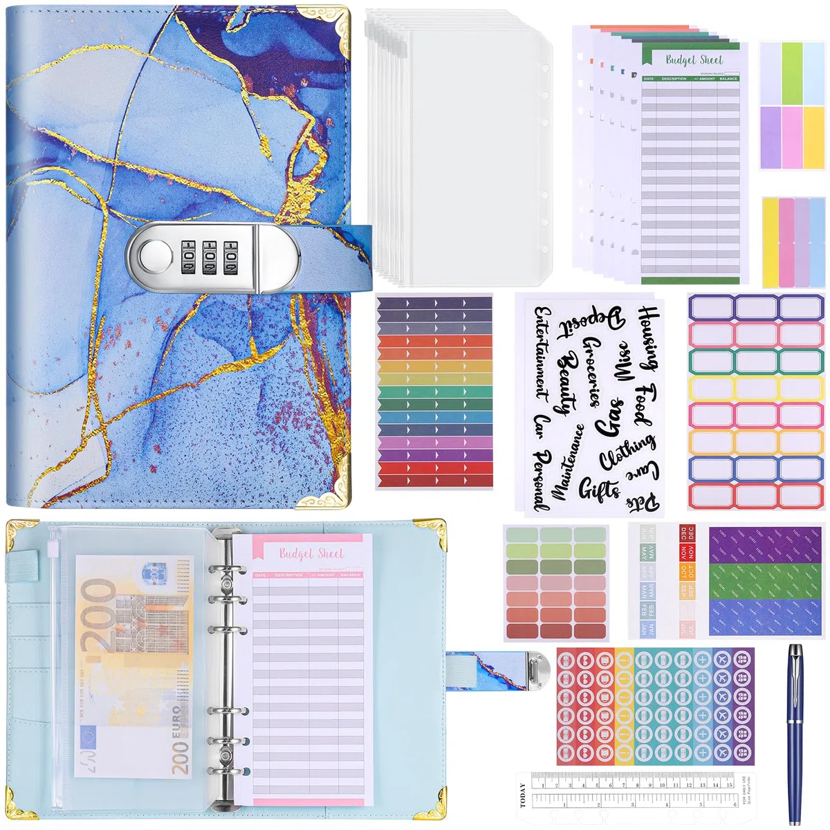 JIANTA A6 Money Binder, Libretto Risparmio Soldi con Serratura a Combinazione, Budget Binder Planner Include Fogli di Budget, Tasche per Documenti, Adesivi, Righelli e Penna, Blu