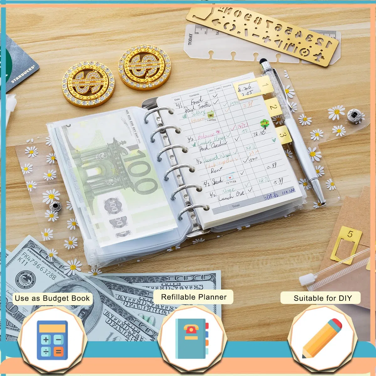 Raccoglitore A7 5,39 x 4,33 pollici Agenda giornaliera, taccuino Daisy Binder, con tasche x8, righello in PVC x1, ricarica contabilità x45, penna x1, etichetta adesiva x2, Harphia 139NA7