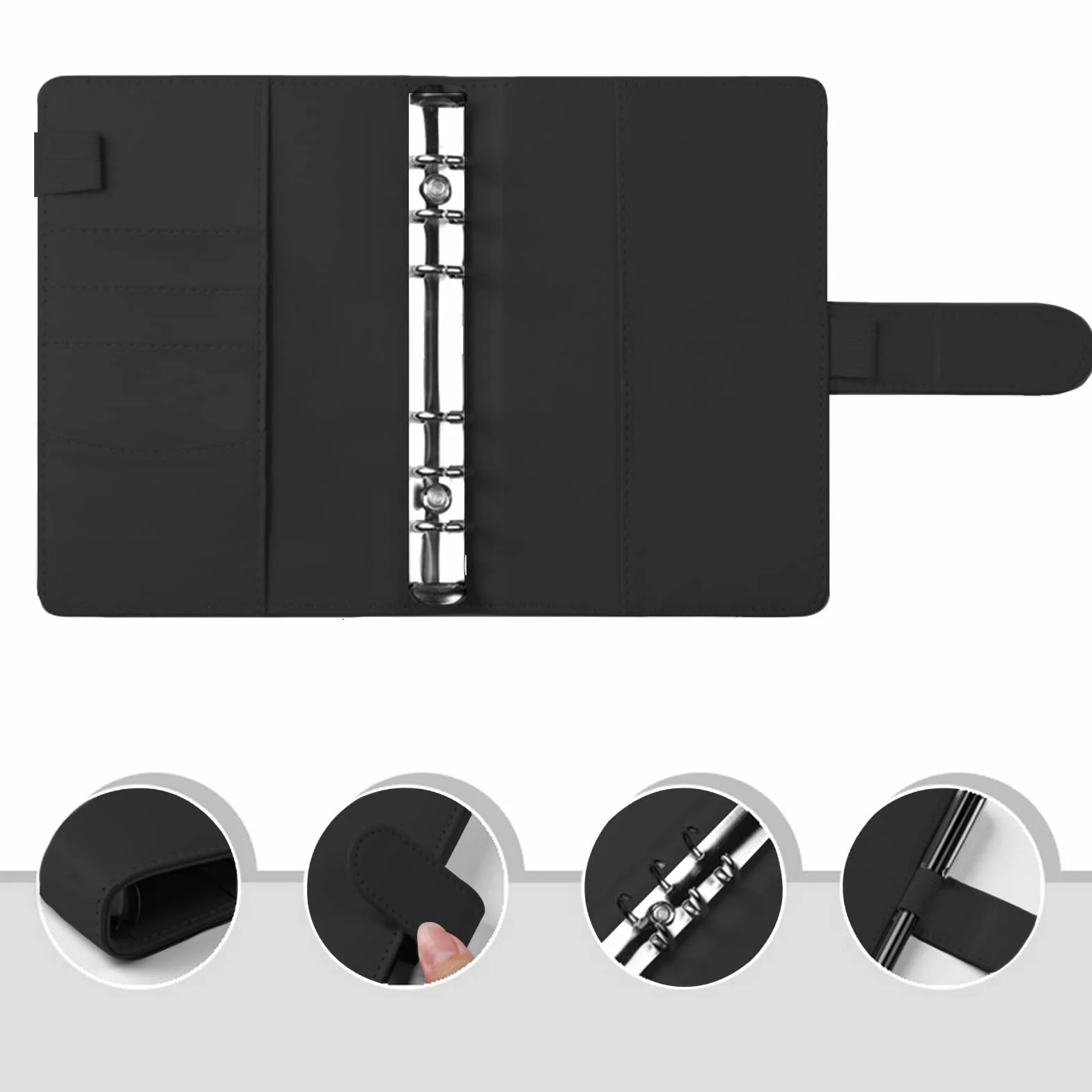 Raccoglitore Ad 6 Anelli, Raccoglitore Notebook A6, A6 Binder, Porta Documenti in Pelle PU, Adatto per Documenti, Casa, Ufficio, Scuola, Viaggi, Nero, 130 x 190mm
