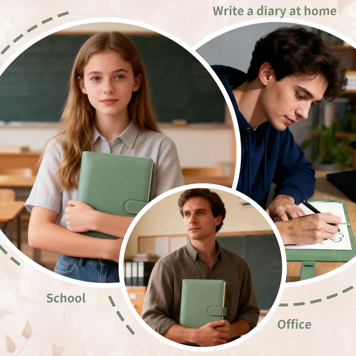 Raccoglitore A5 Anelli Ricaricabile con 135 Fogli, Binder A5 6 Anelli in Pelle Sintetica, Quaderno, Diario e Planner per Lavoro, Scuola e Viaggi-Verde
