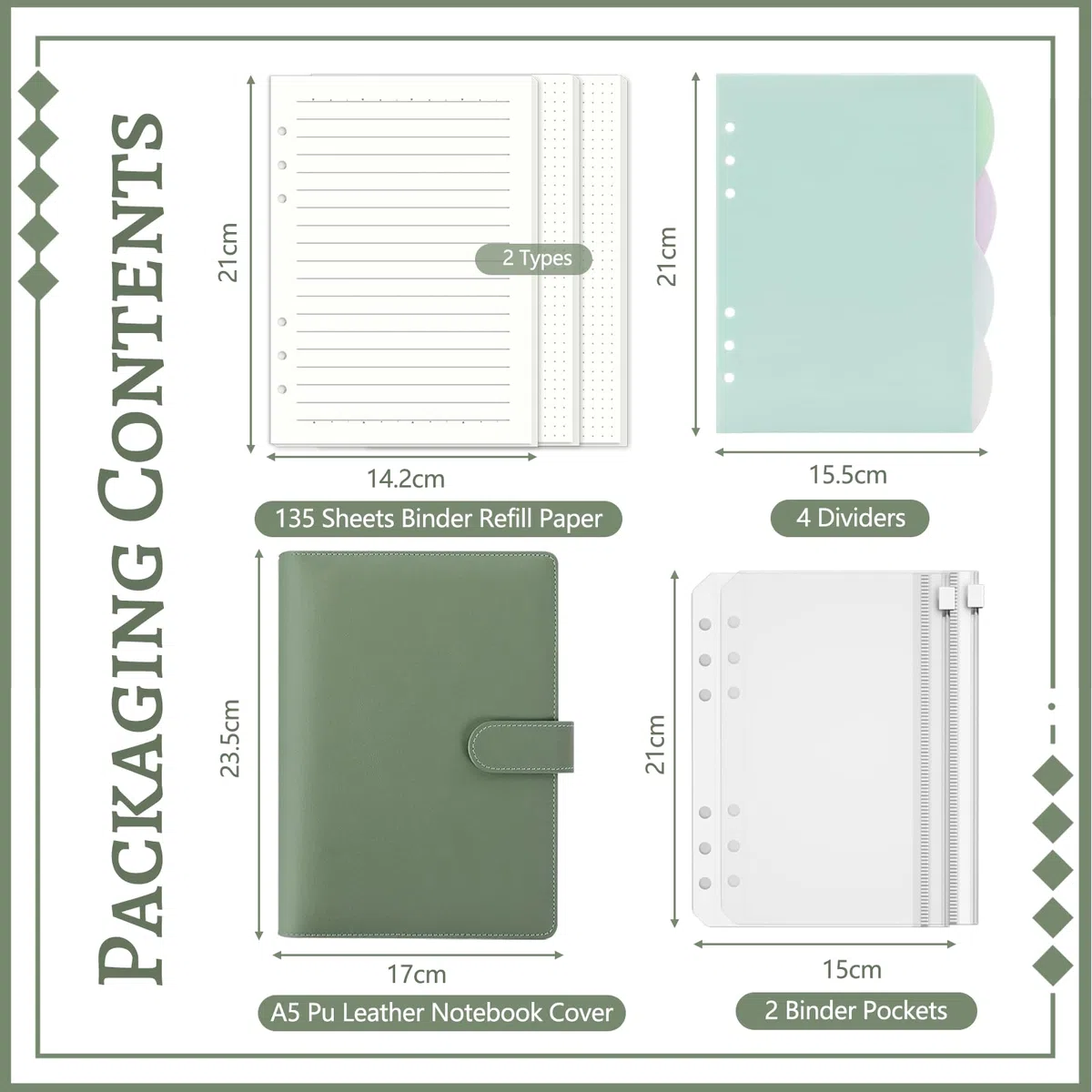 Raccoglitore A5 Anelli Ricaricabile con 135 Fogli, Binder A5 6 Anelli in Pelle Sintetica, Quaderno, Diario e Planner per Lavoro, Scuola e Viaggi-Verde