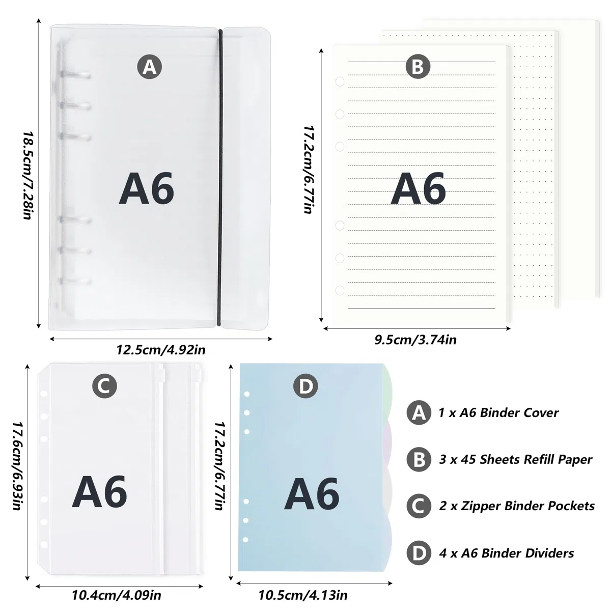 DesertBoy Raccoglitore ad Anelli A6, 1 Pezzi Raccoglitore A6 con 135 Fogli Ricarica di Carta, 2 Pezzi Tasche Raccoglitore e 4 Pezzi Divisori per Raccoglitori,Raccoglitore Anelli per Diario e Appunti