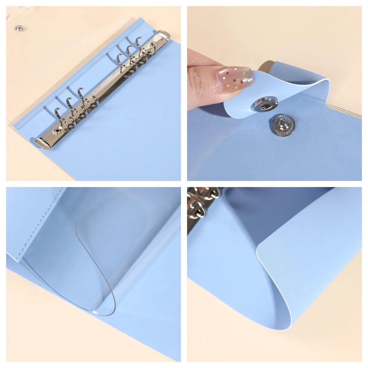 Raccoglitore ad anelli, formato A5, 2 pezzi, formato A5, in PVC, trasparente, 6 anelli, con chiusura a bottone per ufficio, scuola e viaggi (blu + blu scuro)
