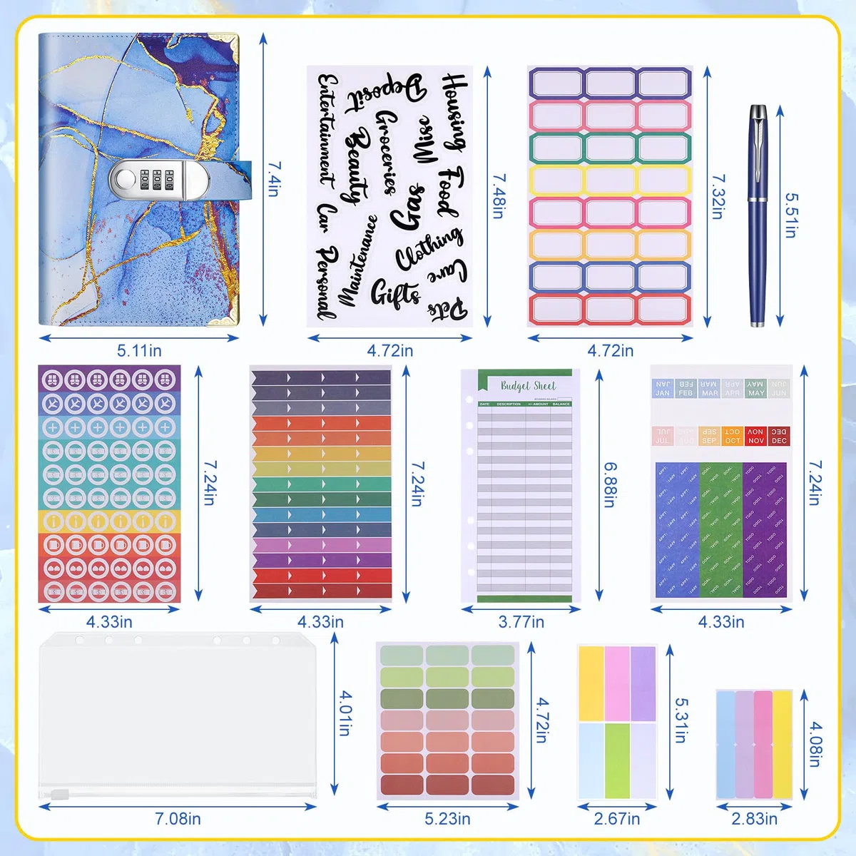 JIANTA A6 Money Binder, Libretto Risparmio Soldi con Serratura a Combinazione, Budget Binder Planner Include Fogli di Budget, Tasche per Documenti, Adesivi, Righelli e Penna, Blu